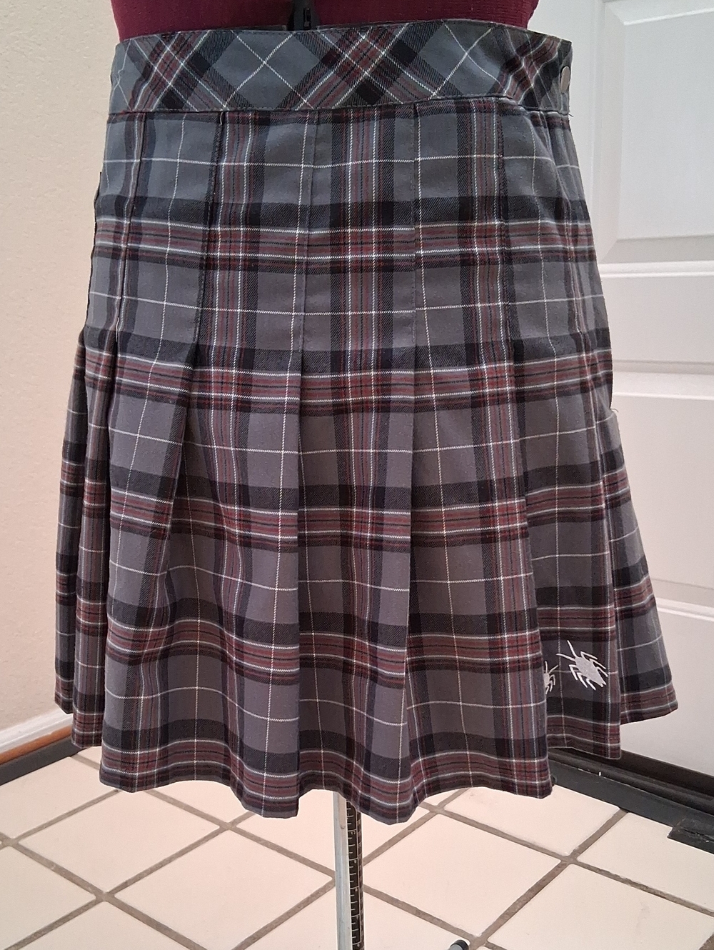 Beetlejuice Gray Plaid Pleated Skater Skirt with Burgundy Accents - Women's